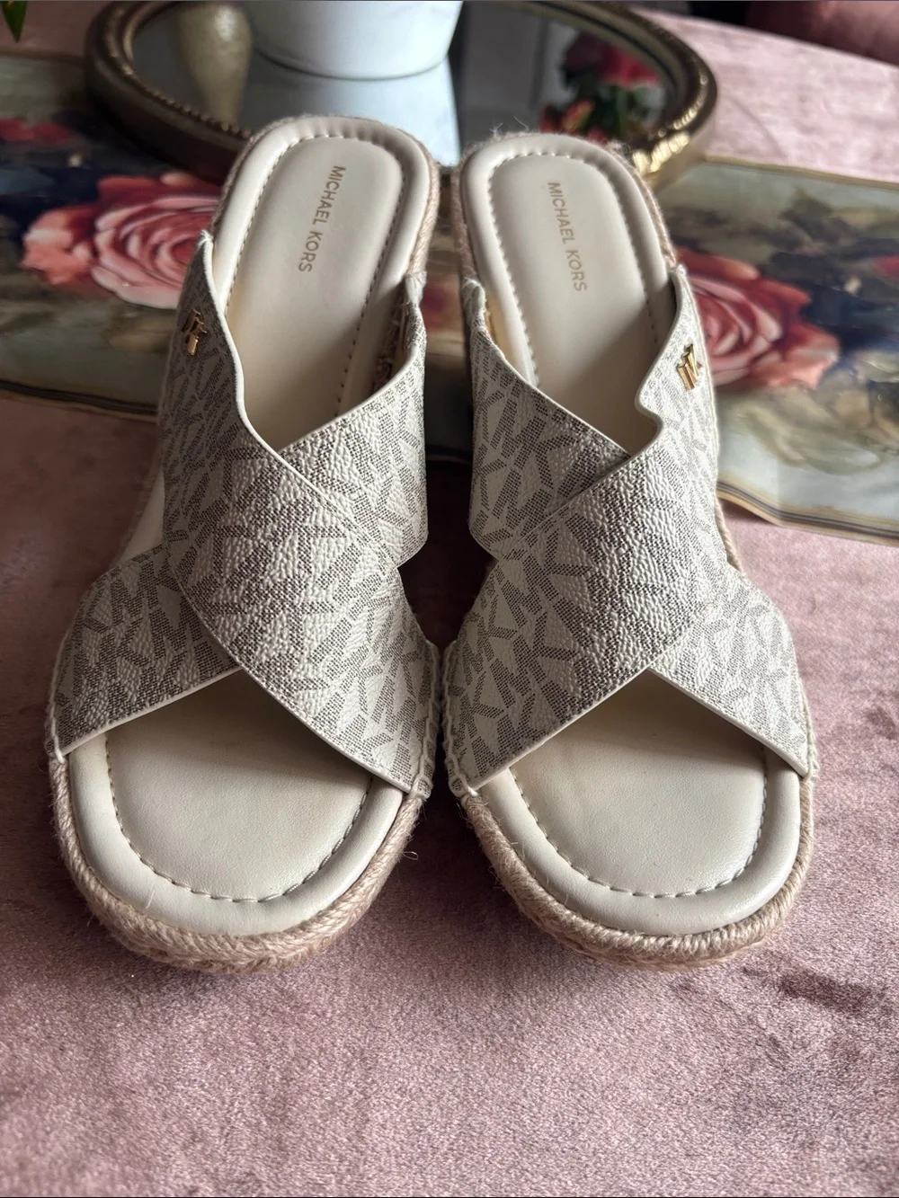 Michael Kors Neutral Crisscross Espadrille Wedge Sandals